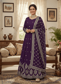 Elegant embroidered sequence designer Anarkali suit with heavy work on blouse, flowing silhouette, and faux georgette dupatta.