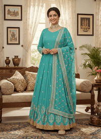Elegant embroidered sequence designer Anarkali suit with heavy work on blouse, flowing silhouette, and faux georgette dupatta.