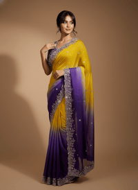 Fendy Satin Space Silk Saree featuring intricate embroidery work and elegant lace border