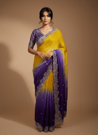 Fendy Satin Space Silk Saree featuring intricate embroidery work and elegant lace border