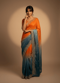 Fendy Satin Space Silk Saree featuring intricate embroidery work and elegant lace border