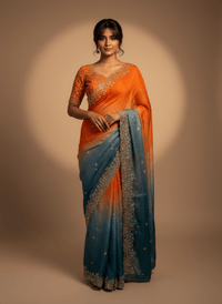 Fendy Satin Space Silk Saree featuring intricate embroidery work and elegant lace border