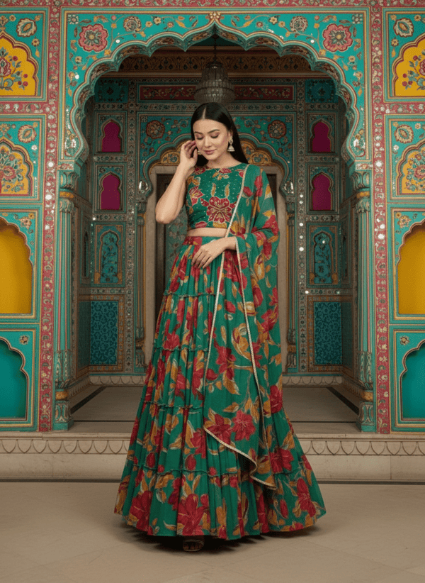 Floral printed Lehenga Hand Work Blouse and Lace Border Duppata