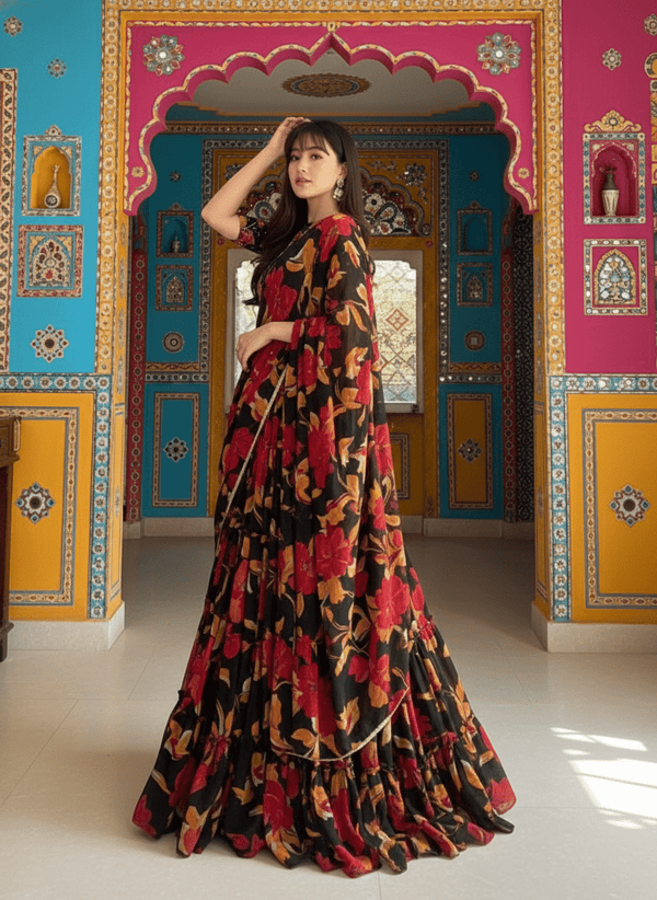 Floral printed Lehenga Hand Work Blouse and Lace Border Duppata