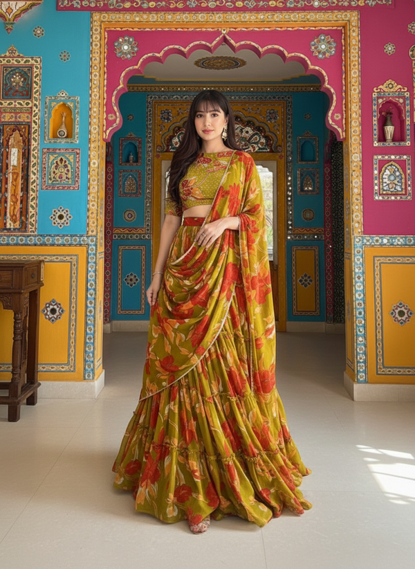 Floral printed Lehenga Hand Work Blouse and Lace Border Duppata