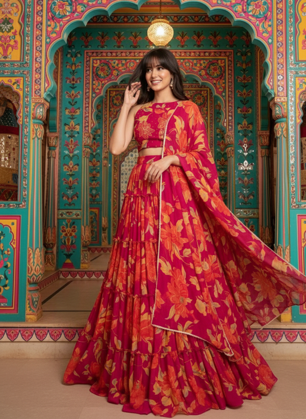 Floral printed Lehenga Hand Work Blouse and Lace Border Duppata