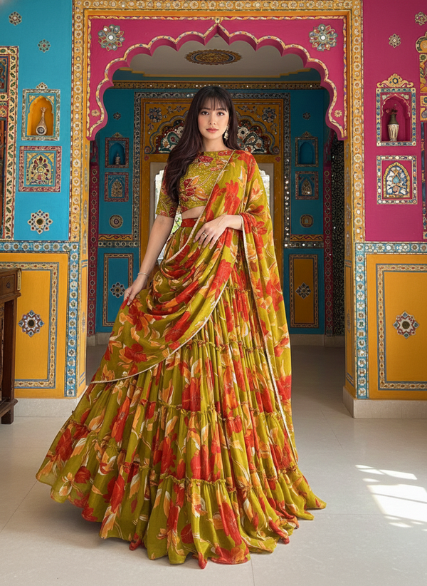 Floral printed Lehenga Hand Work Blouse and Lace Border Duppata