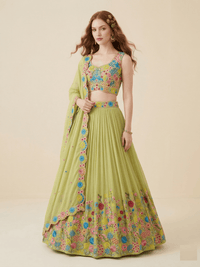 Beautiful Organza Silk Lehenga Set with intricate thread work on the lehenga and choli, complemented by an elegant lace dupatta, shown on a model.