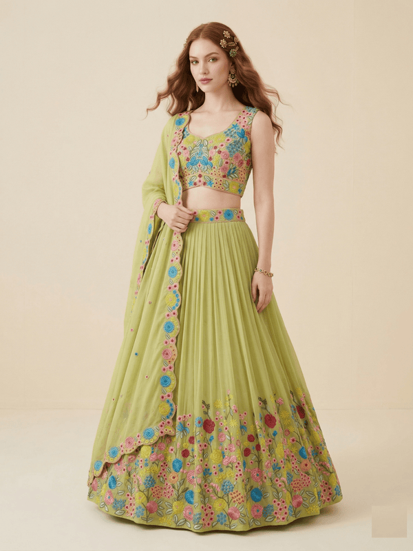 Organza Silk Lehenga Set with Thread Work & Elegant Lace Dupatta