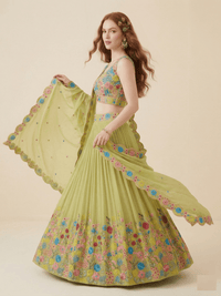 Beautiful Organza Silk Lehenga Set with intricate thread work on the lehenga and choli, complemented by an elegant lace dupatta, shown on a model.