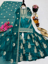 Glamorous sequin embroidered party wear top, palazzo, and dupatta set for festive occasions