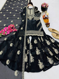 Glamorous sequin embroidered party wear top, palazzo, and dupatta set for festive occasions