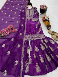Glamorous sequin embroidered party wear top, palazzo, and dupatta set for festive occasions