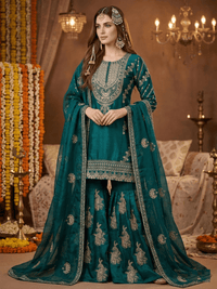 Glamorous sequin embroidered party wear top, palazzo, and dupatta set for festive occasions