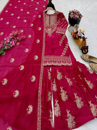 Glamorous sequin embroidered party wear top, palazzo, and dupatta set for festive occasions