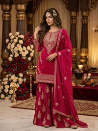 Glamorous sequin embroidered party wear top, palazzo, and dupatta set for festive occasions