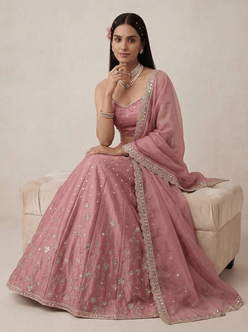 Pink Royal Sequence Work Lehenga Set Sequence Work with Moti Lace Border