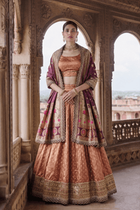 Elegant Simmer Organza Lehenga with ornate zari weaving work and a delicate lace border detail