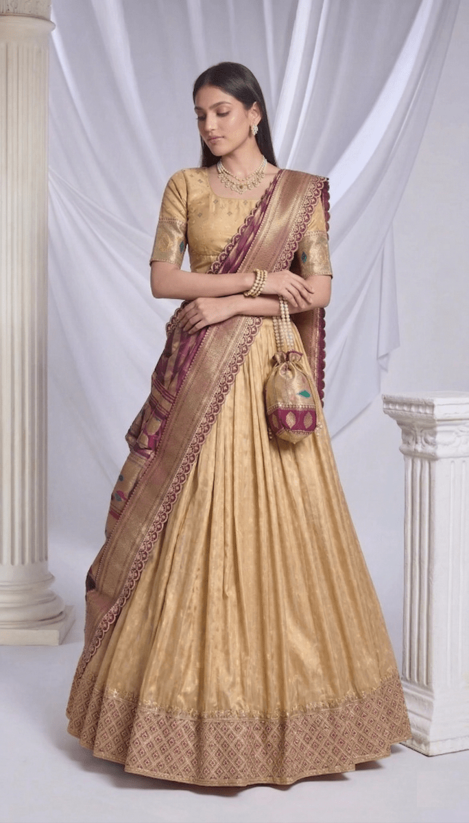 Simmer Organza Lehenga Zari Weaving Work With Lace Border Zari Weaving Work With Lace Touch Up