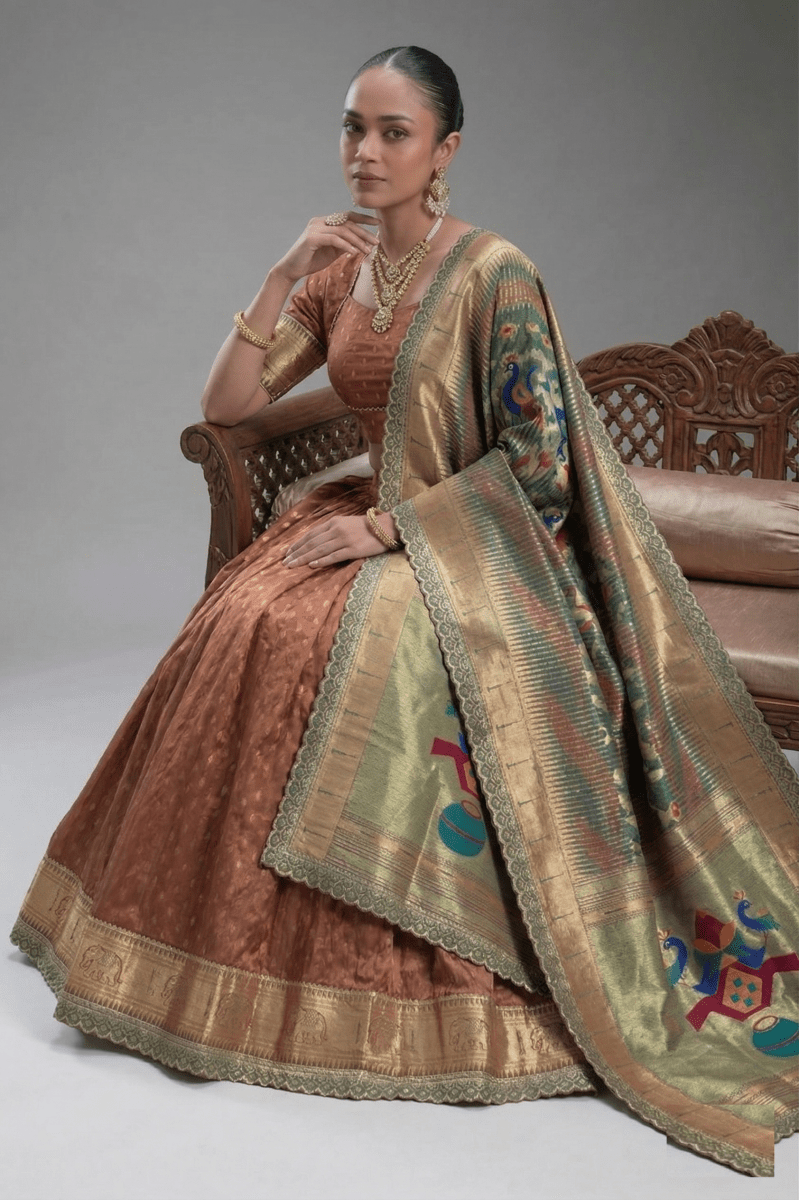 Simmer Organza Lehenga Zari Weaving Work With Lace Border Zari Weaving Work With Lace Touch Up