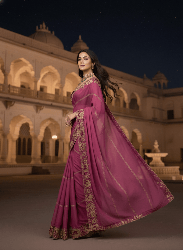 Star Georgette Saree contrat Blouse color with Embrodery work