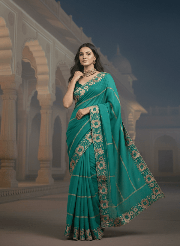 Star Georgette Saree contrat Blouse color with Embrodery work