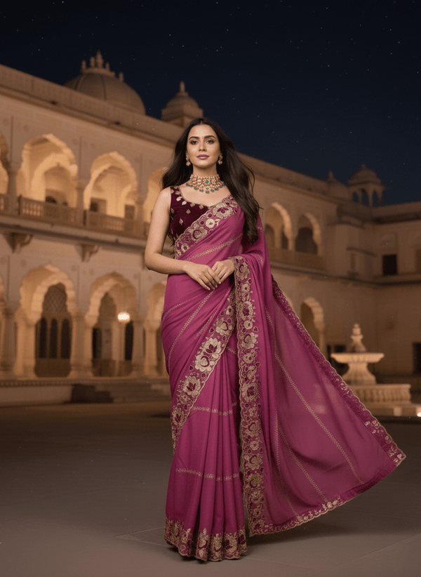 Star Georgette Saree contrat Blouse color with Embrodery work