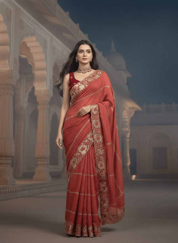 Star Georgette Saree contrat Blouse color with Embrodery work