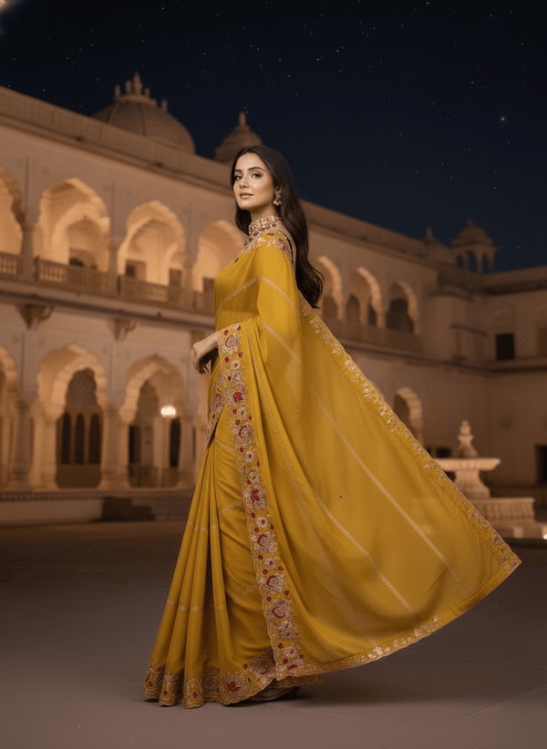 Star Georgette Saree contrat Blouse color with Embrodery work