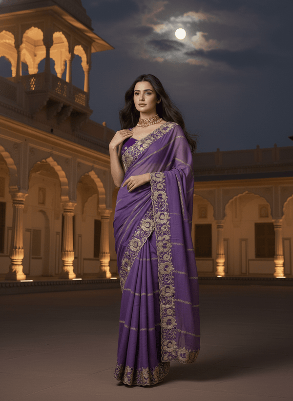 Star Georgette Saree contrat Blouse color with Embrodery work