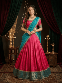 Elegant Vichitra Silk Lehenga with intricate zari embroidery, delicate lace border, and matching dupatta